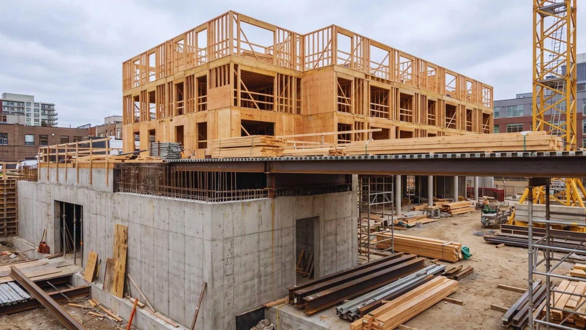 Concrete podium base and horizontal deck supporting the upper wood-framed floors.