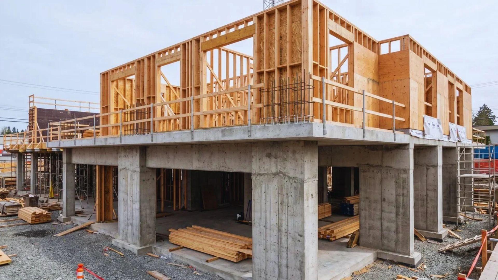 Wood-framed upper walls supported by transfer beams and a concrete podium structure.