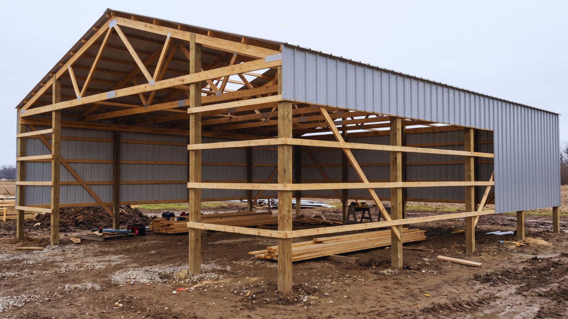 Pole building frame with wooden posts, horizontal girts, roof trusses, purlins, and metal panels.