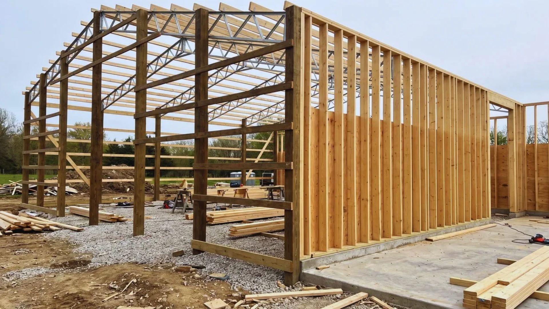 Widely spaced pole building posts beside a stick-frame wall with closely spaced wooden studs.