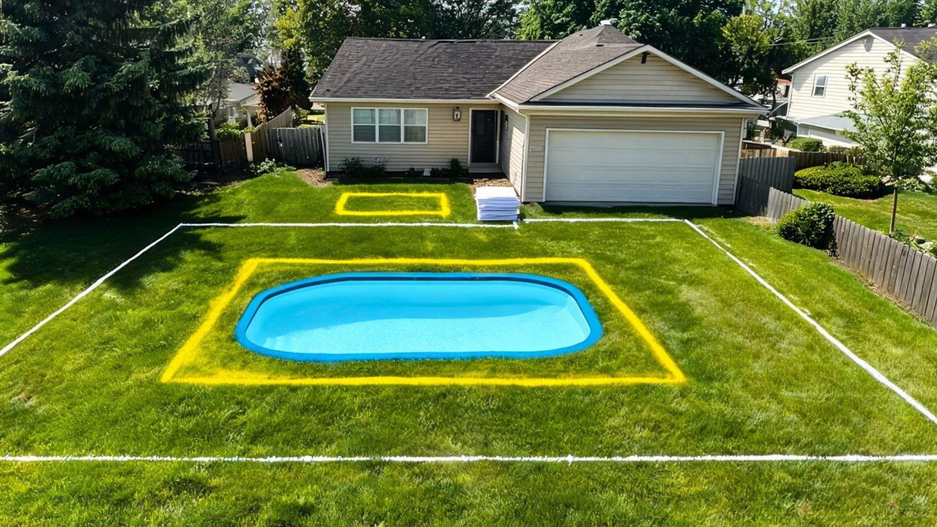 Residential pool site before excavation with a marked pool footprint and surrounding undisturbed ground.