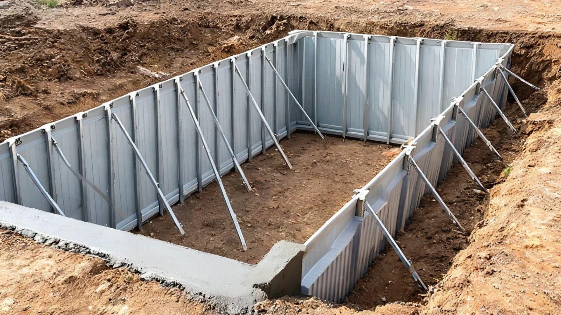 Braced vinyl-liner pool wall panels inside an excavation with a concrete collar at the base.