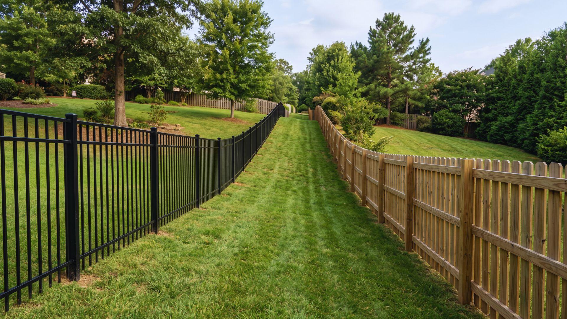 Aluminum picket and wooden fences angled to follow a grassy slope.