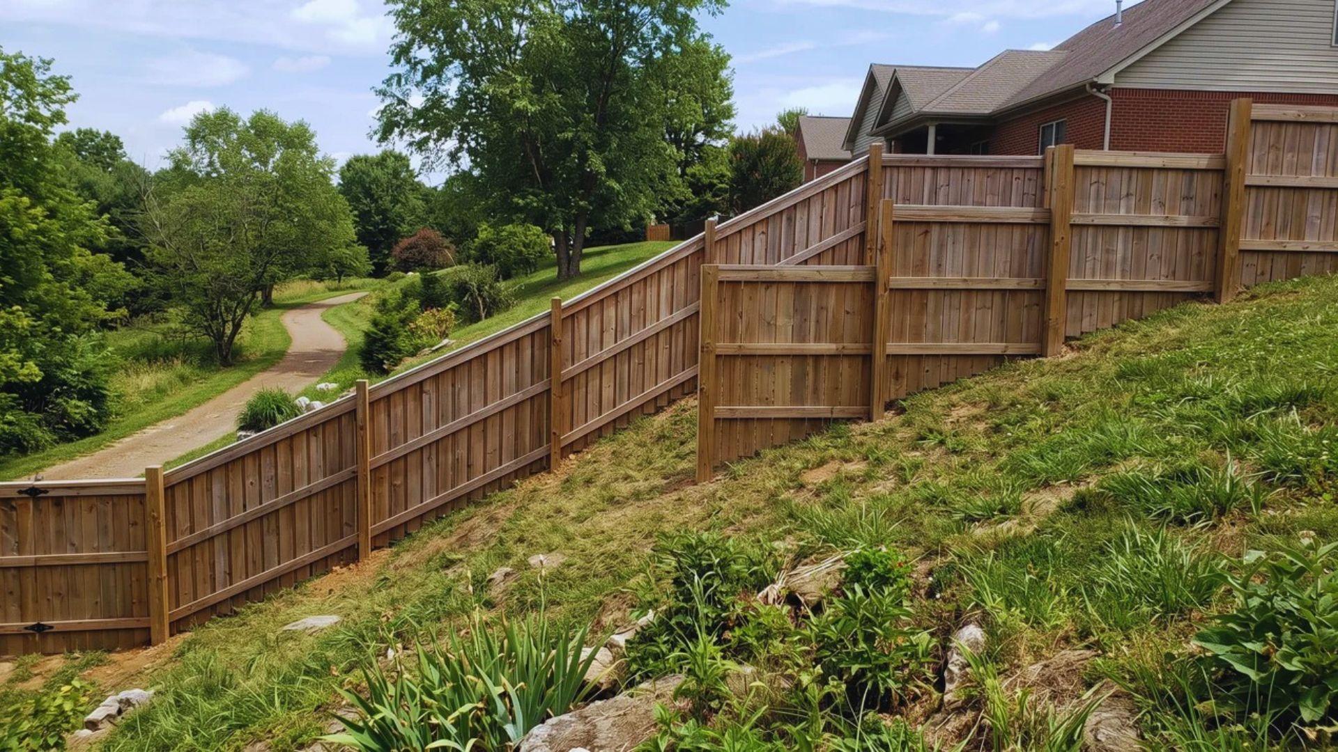 Racked fence following the ground beside a stepped fence with level panels.