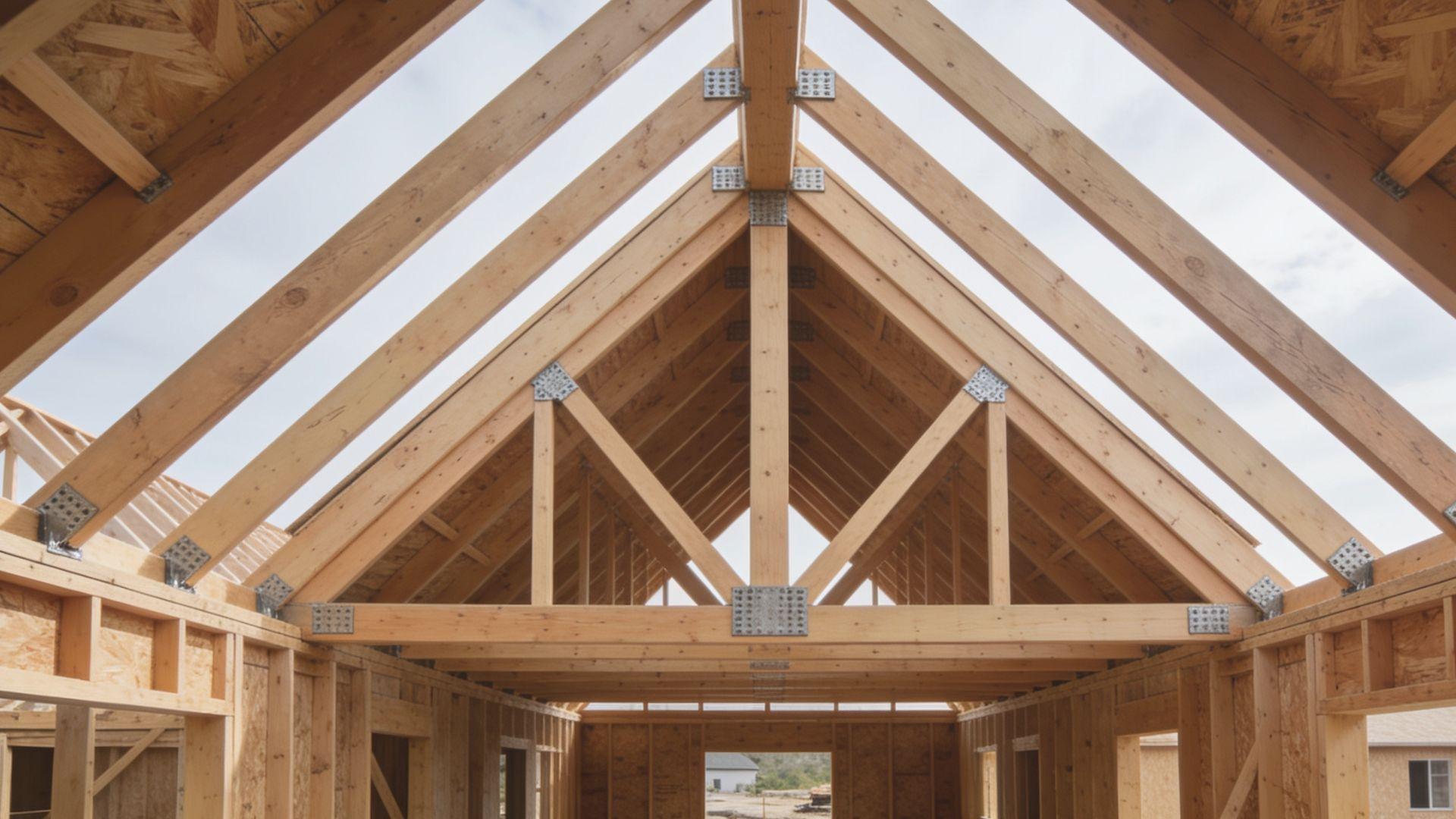 Exposed wooden rafters and prefabricated triangular roof trusses supporting a pitched residential roof