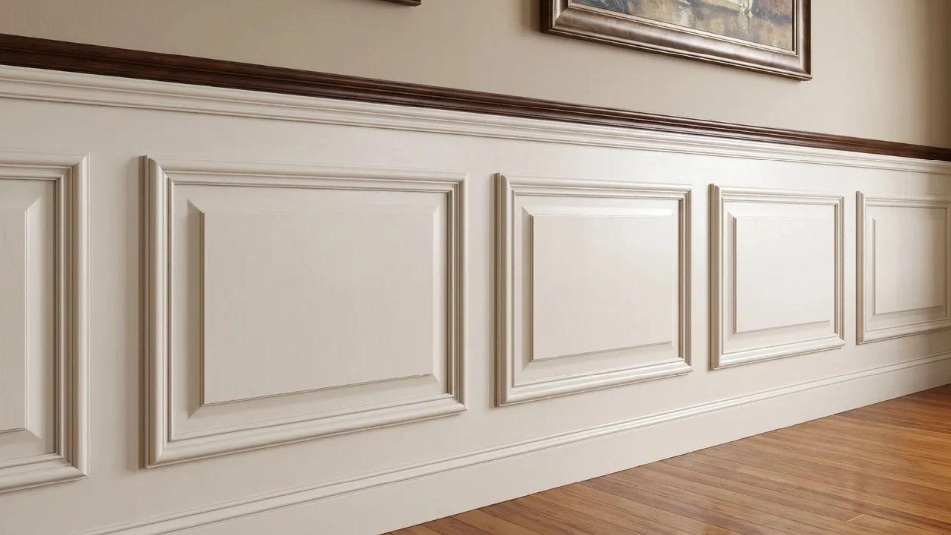 Raised wall panels with elevated centers, beveled edges, and decorative moulded frames.