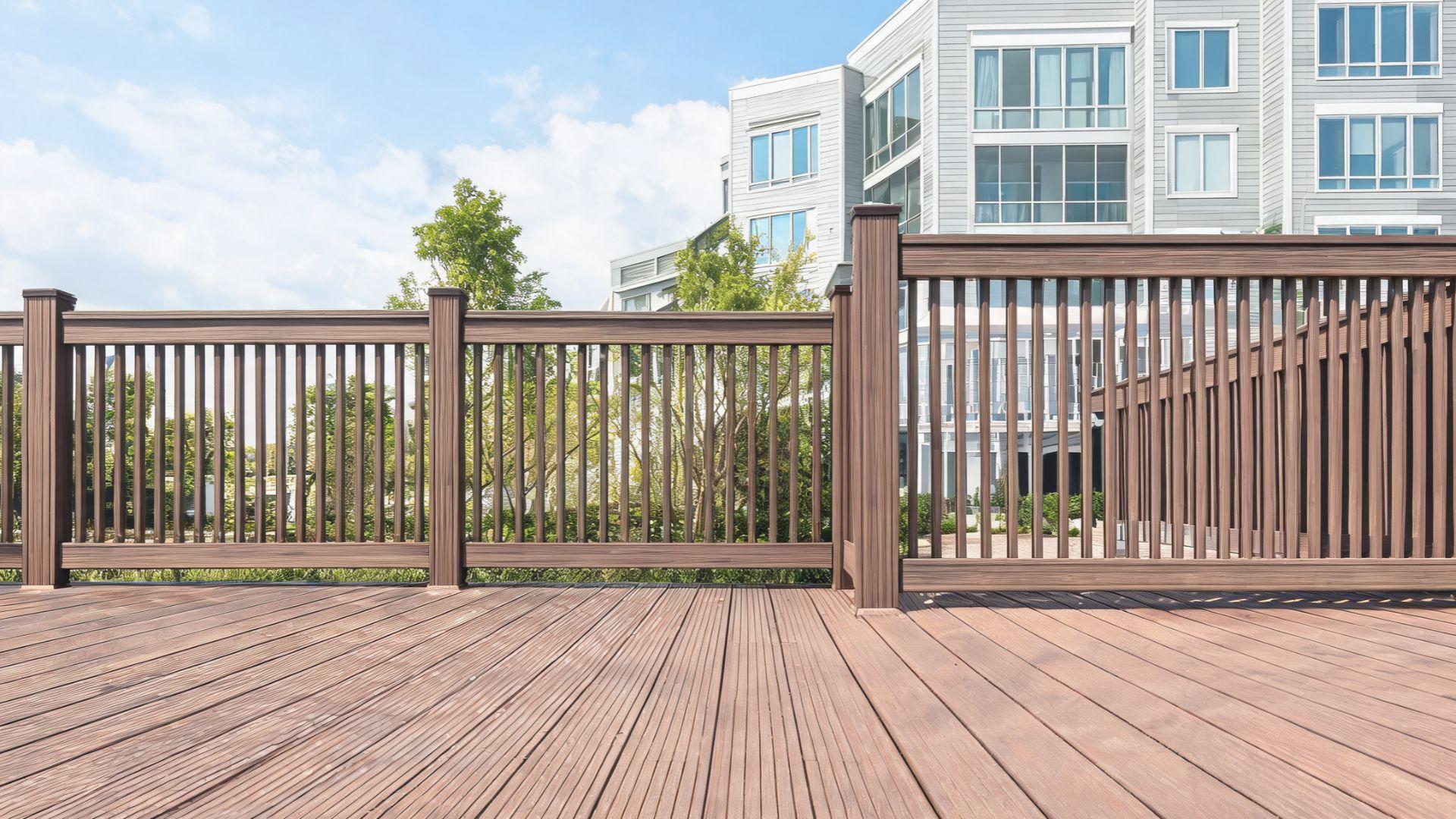 Residential and commercial deck railings illustrating different guardrail styles on outdoor building decks