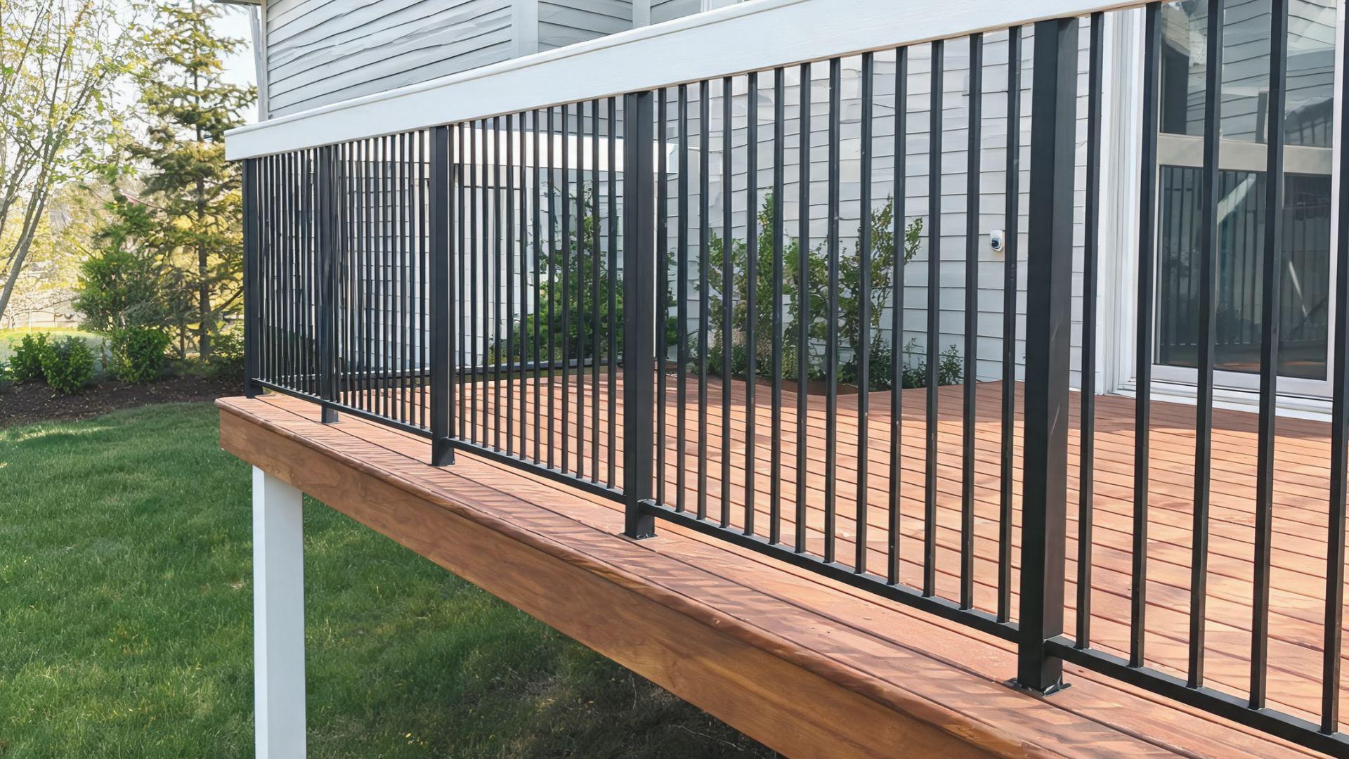Residential wooden deck with white guardrail and black metal balusters above ground level.