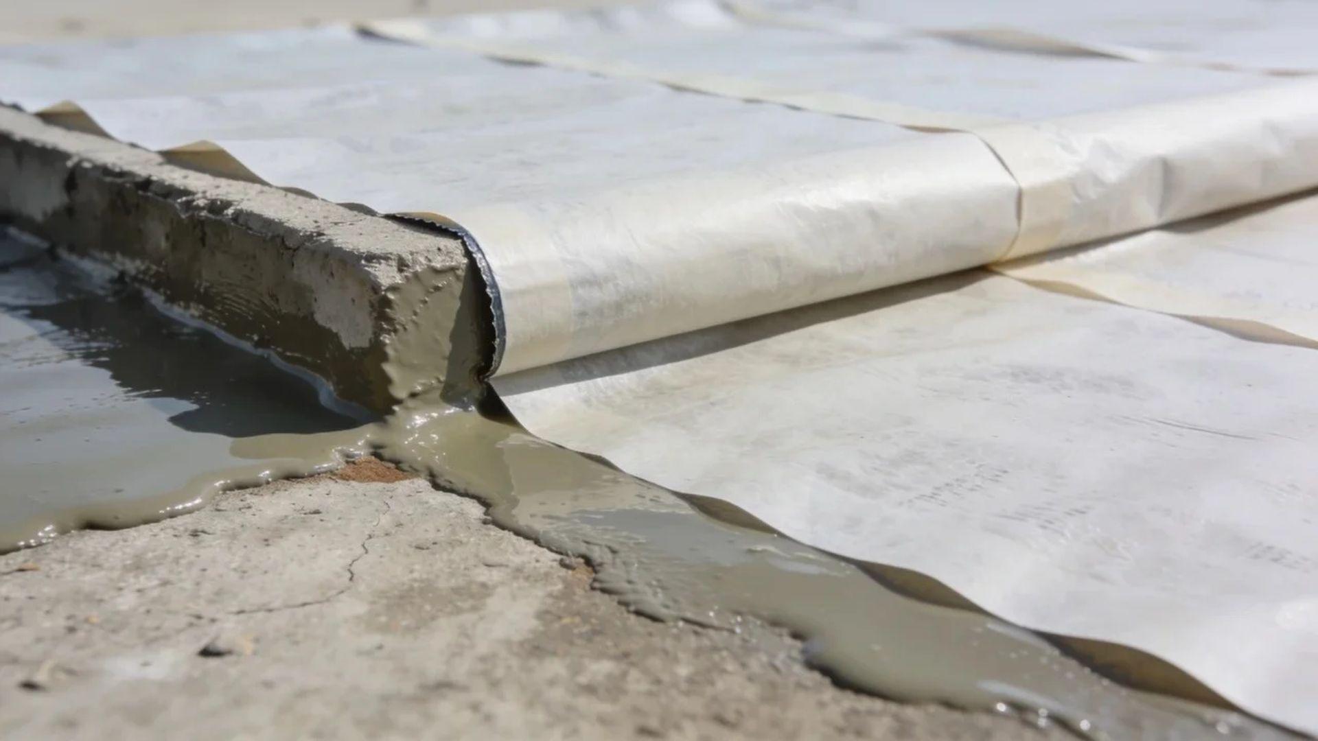 Sheet waterproofing membrane with overlapping seams beside a liquid-applied coating on concrete.