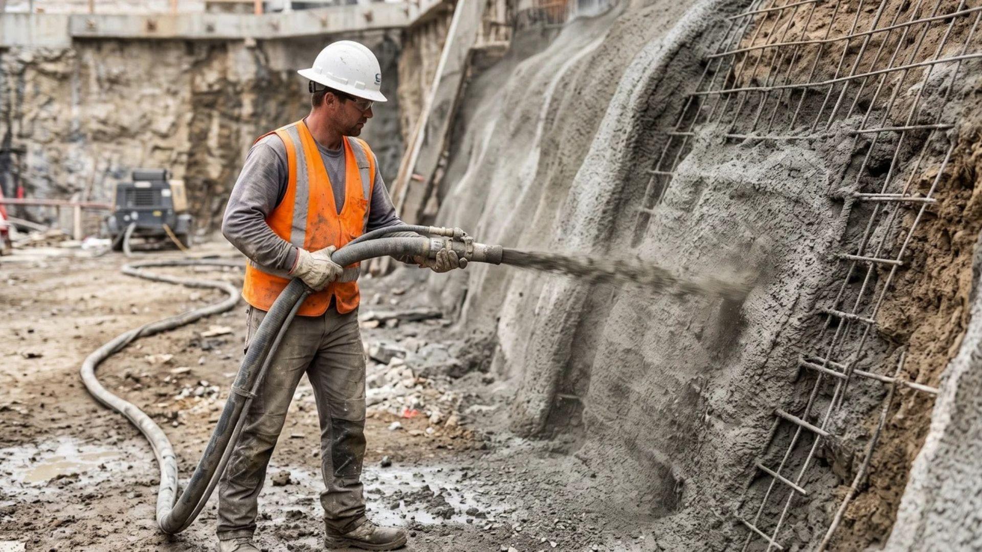 Construction worker spraying shotcrete onto a curved irregular structural surface.