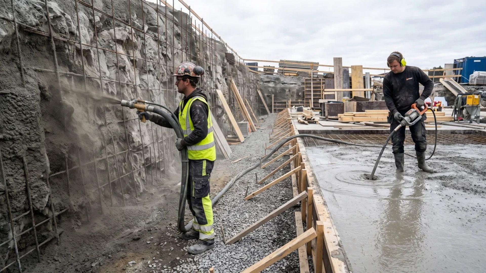 Workers applying shotcrete to a vertical surface and vibrating poured concrete on a horizontal slab.