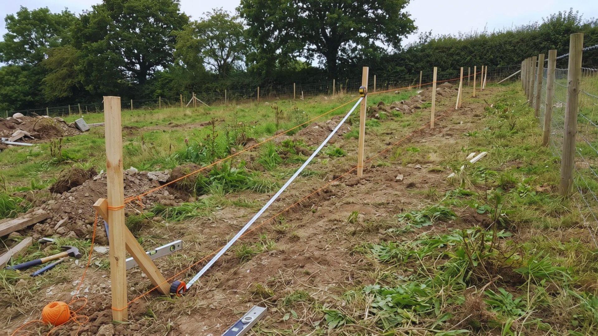 A taut string connects wooden stakes along a sloped fence line to measure the rise and run.