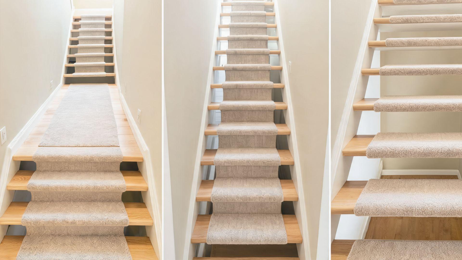 Carpet runners fitted to a landing staircase, narrow stairs, and open-riser staircase