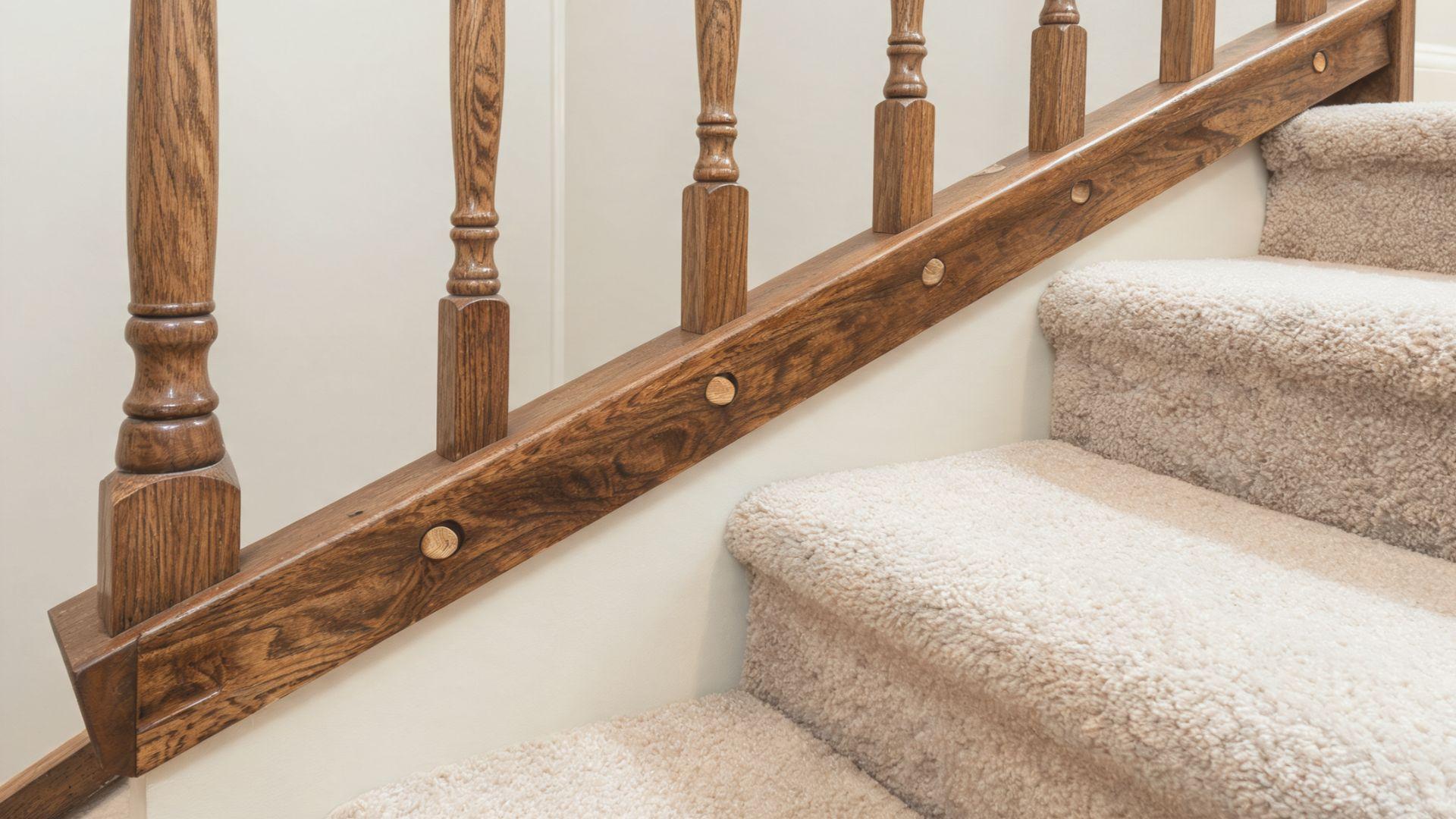 Wooden staircase base rail supporting vertical balusters along the open side