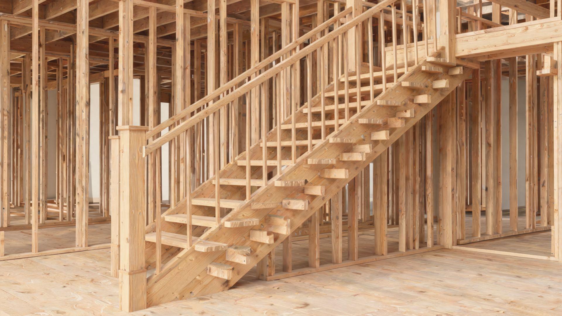 Exposed staircase assembly showing tread, riser, stringer, railing, newel post, and landing connections