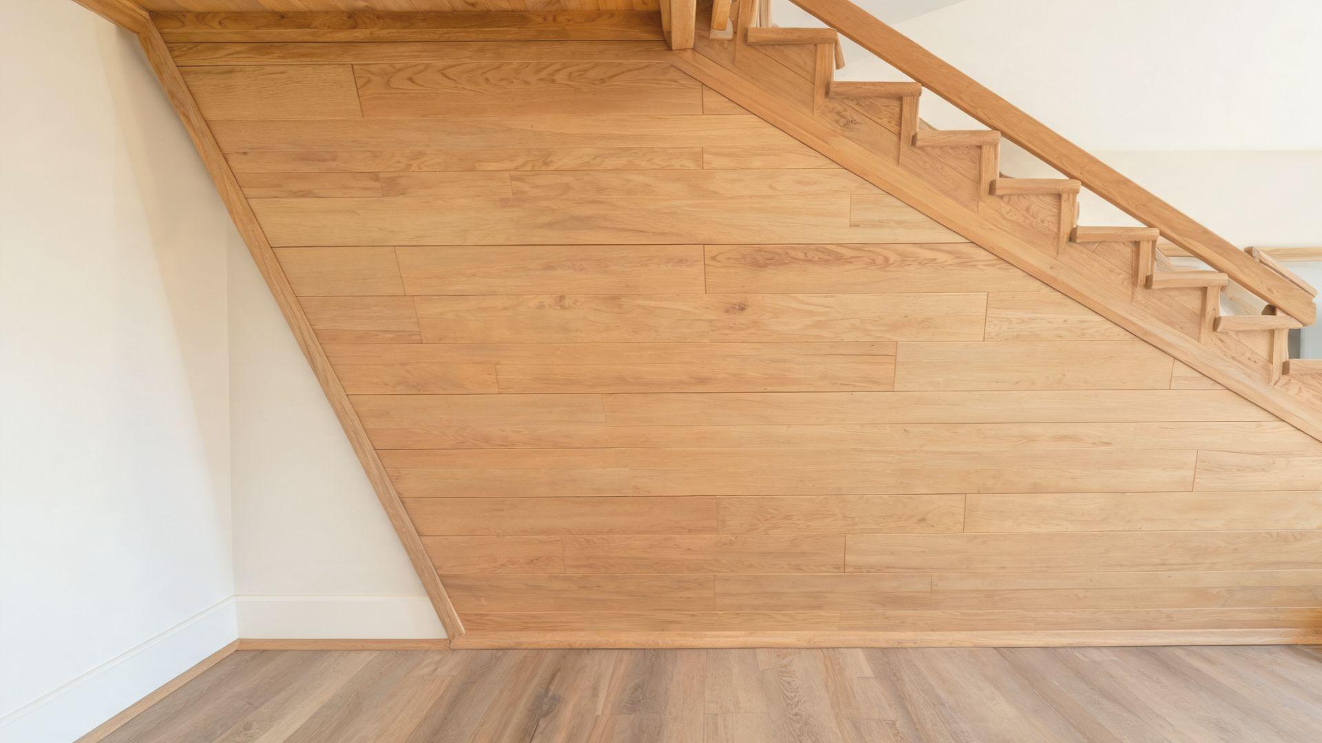 Finished drywall soffit enclosing the underside of a wooden staircase