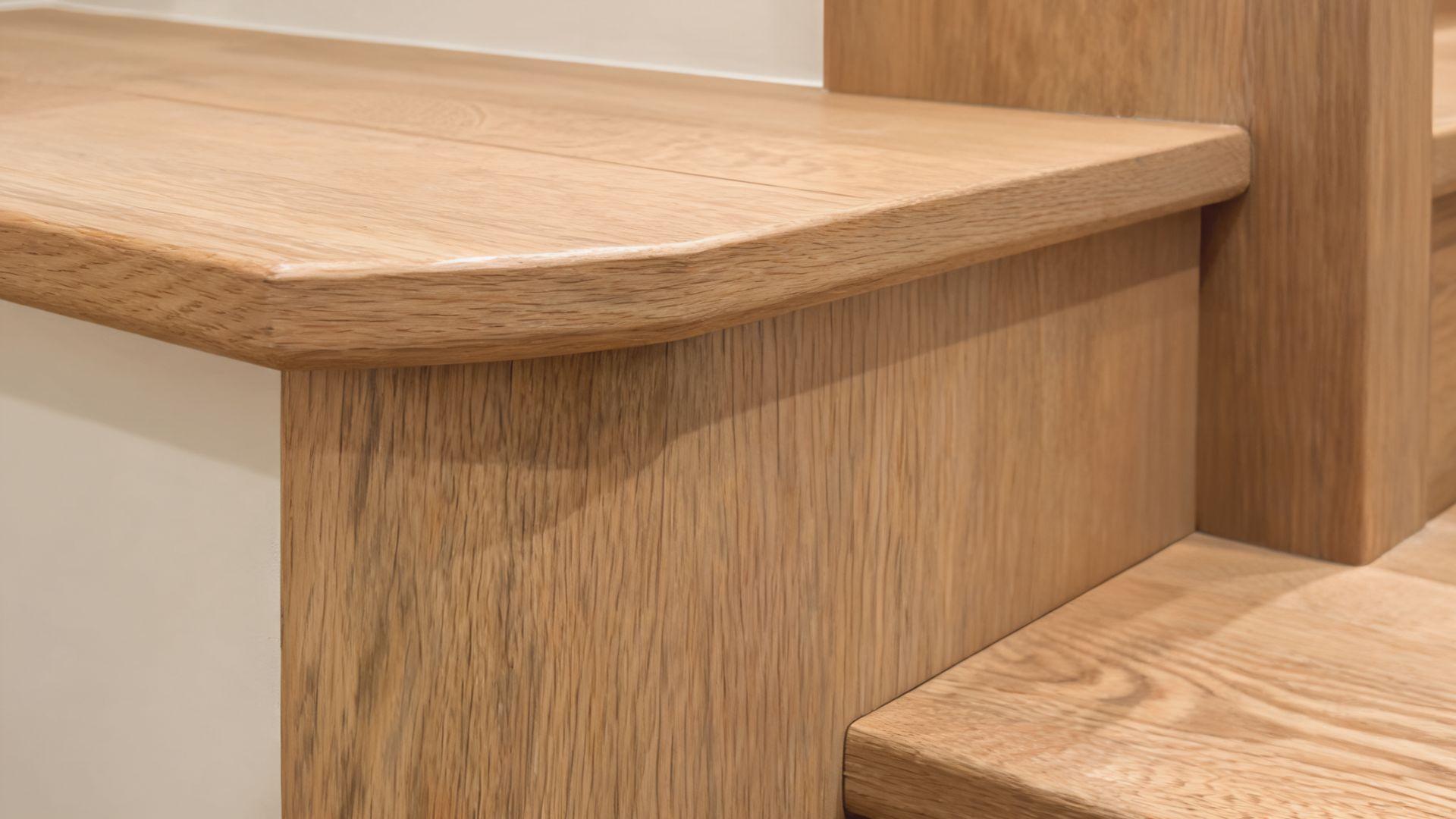 Wooden staircase tread with a projecting nosing above the vertical riser