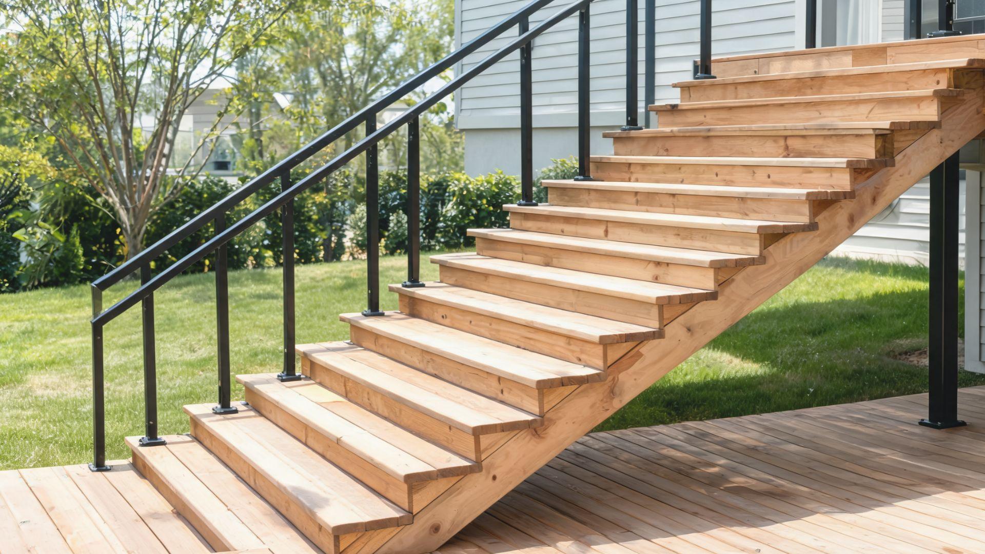 Outdoor deck stairs with a graspable black handrail running along the full staircase