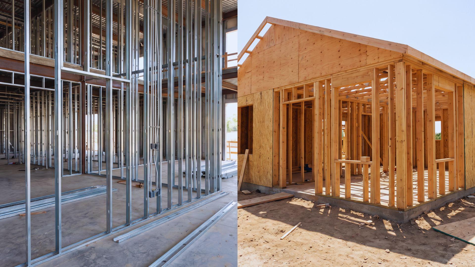Steel stud framing inside a commercial building beside wooden wall framing in a residential house.