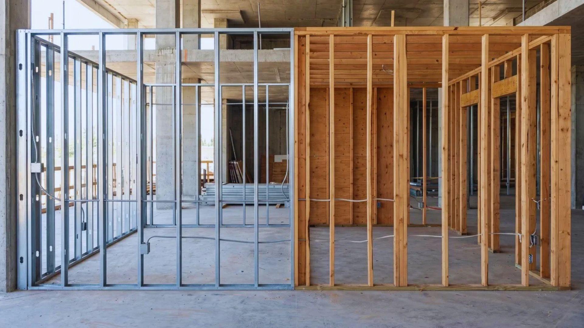 Galvanized steel studs in a commercial partition beside wooden studs in a residential wall frame.