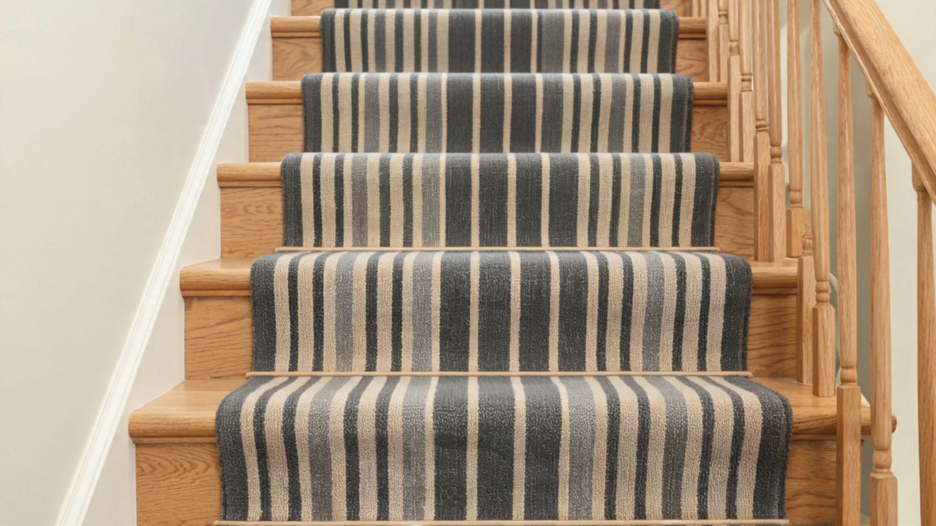 Two-tone striped stair runner fitted along wooden treads and risers