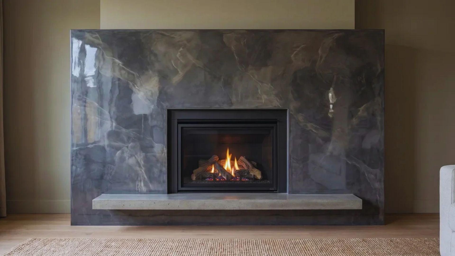 Polished Stucco Veneziano fireplace surrounded with translucent marbled patterns.