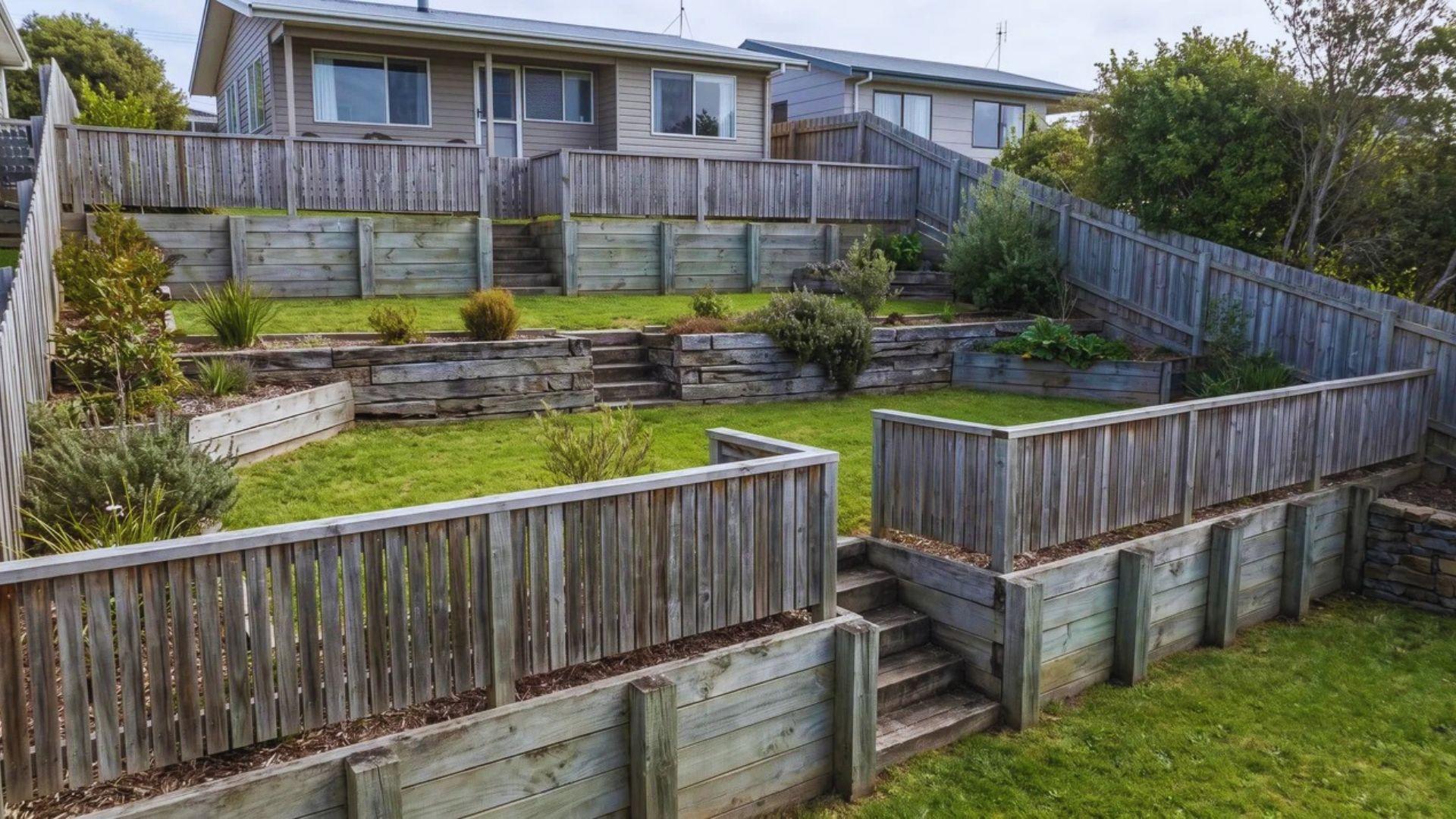 Fence sections following level terraces beside a retaining wall in a sloped backyard.