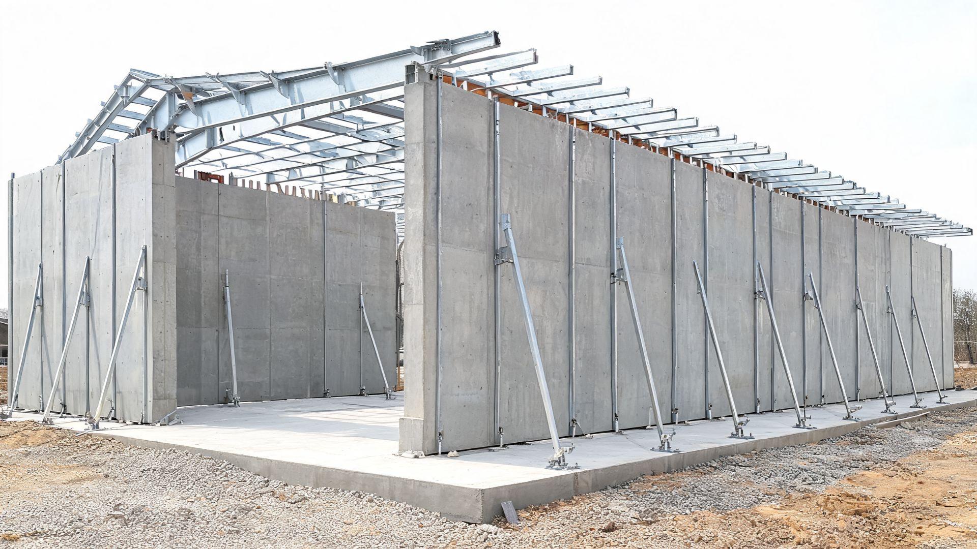 Vertical tilt-up concrete panels supported by temporary steel braces during framing.