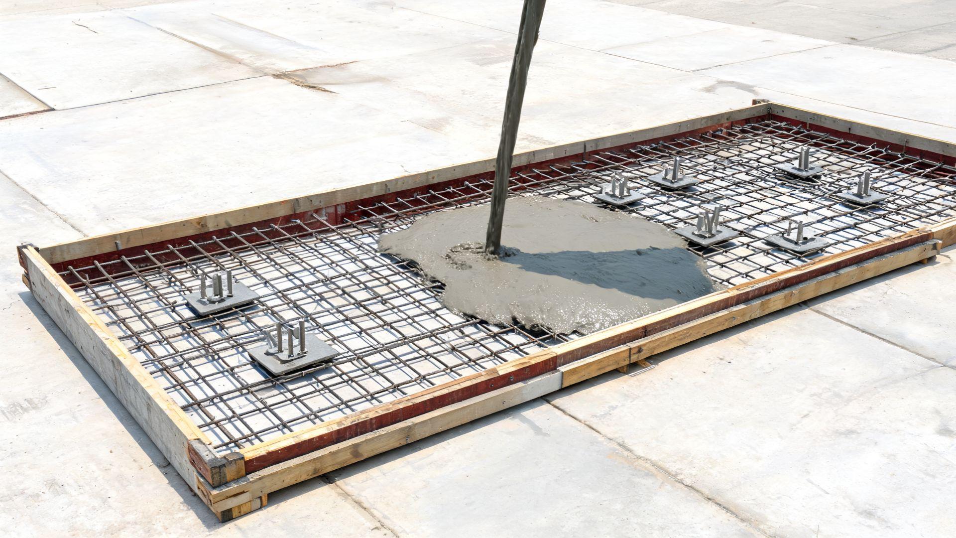 Tilt-up panel forms with reinforcing steel, embedded hardware, and fresh concrete.