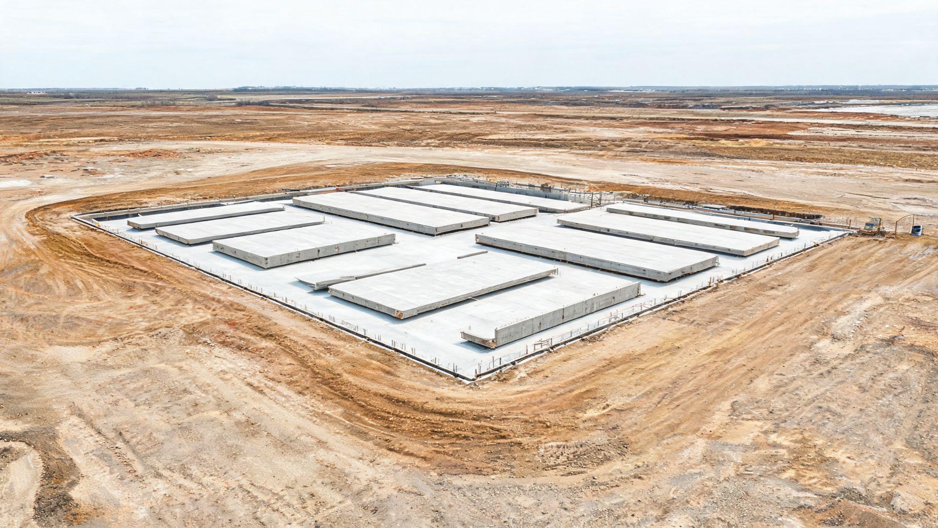 Open construction site with space around a tilt-up building for casting concrete panels.