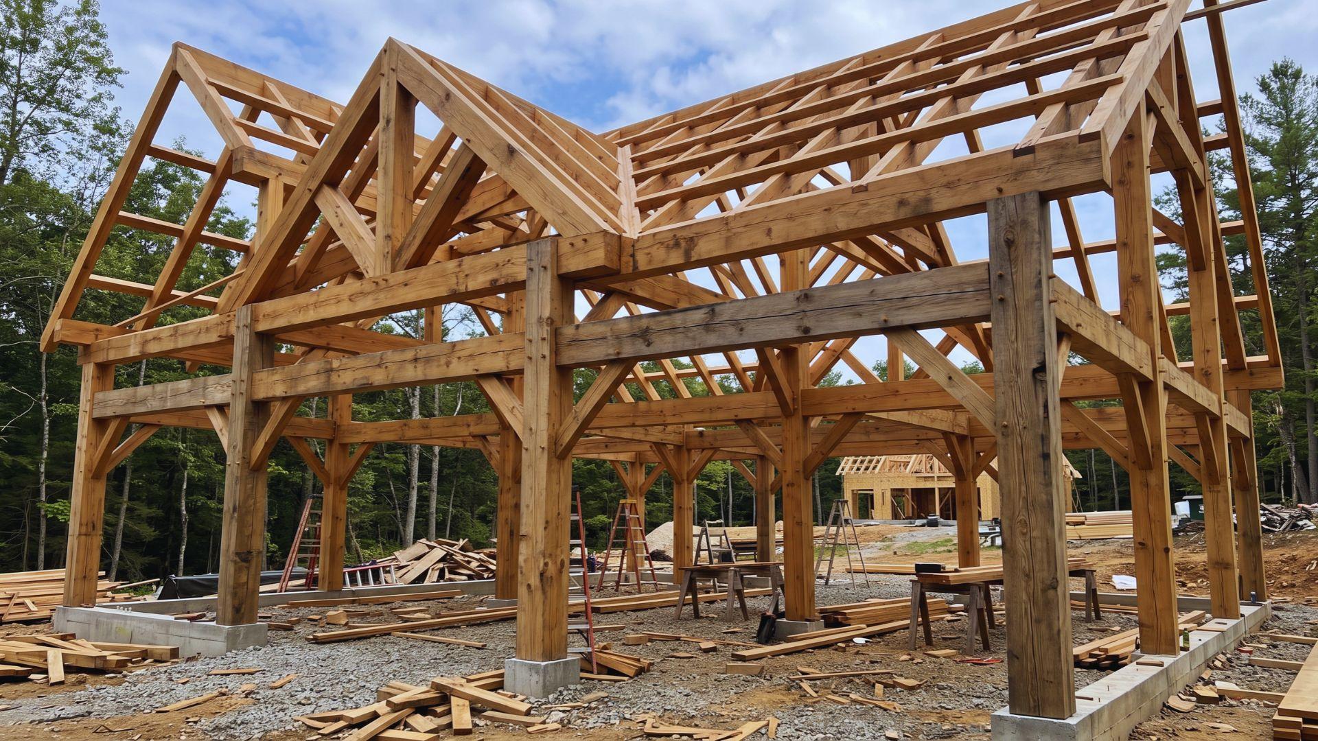 Large timber posts, horizontal beams, and triangular wooden roof trusses inside a building.