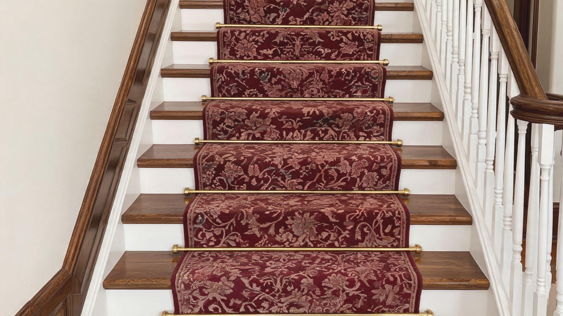 Burgundy patterned stair runner with brass stair rods on white staircase risers