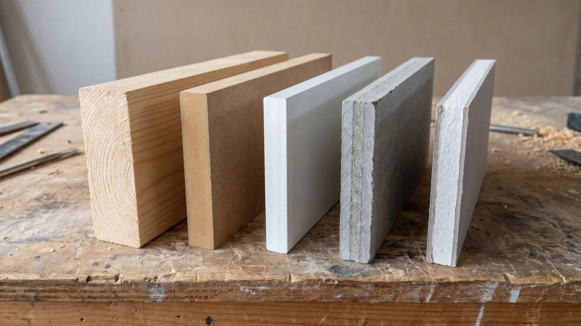 Solid wood, MDF, PVC, fiber cement, and gypsum wall panel samples arranged side by side.