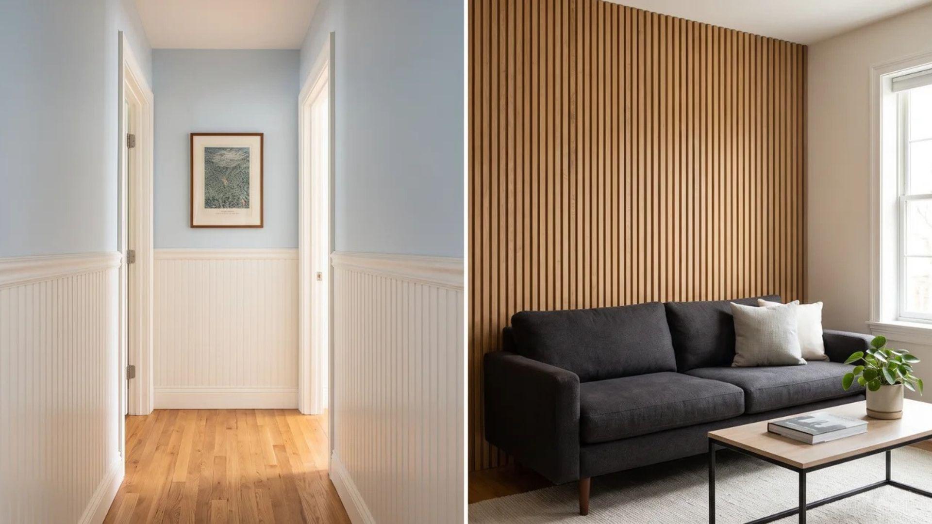 Beadboard wainscoting in a hallway and vertical slatted panels behind a living room sofa.