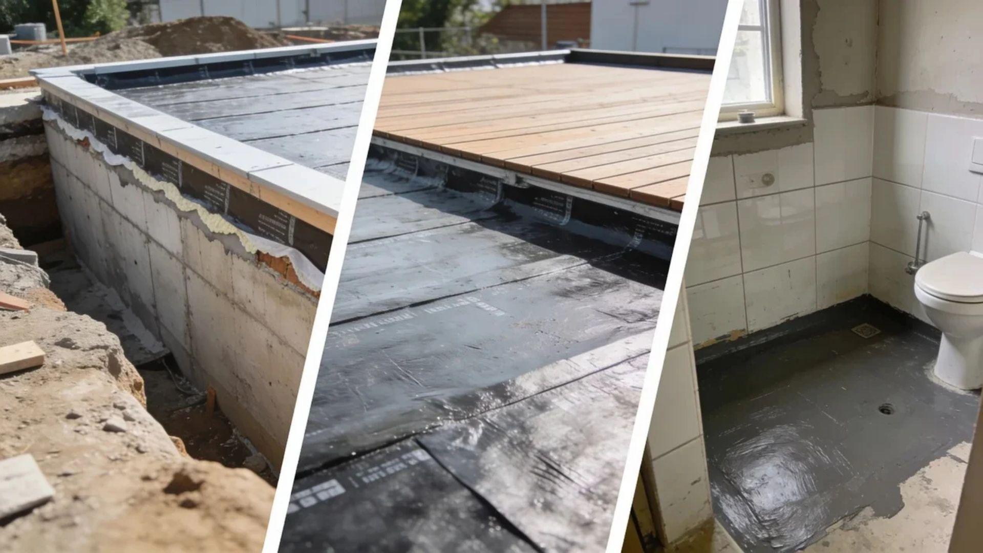 Waterproofing membranes on a foundation wall, flat roof, and bathroom surfaces before finishes are installed.