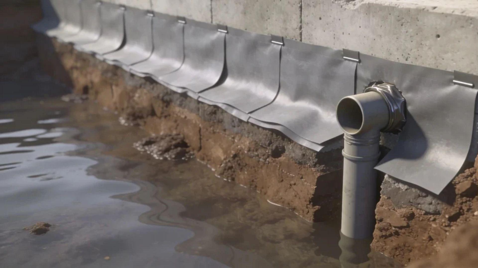 Foundation wall with waterproofing membrane, sealed sheet overlaps, and a protected pipe penetration.