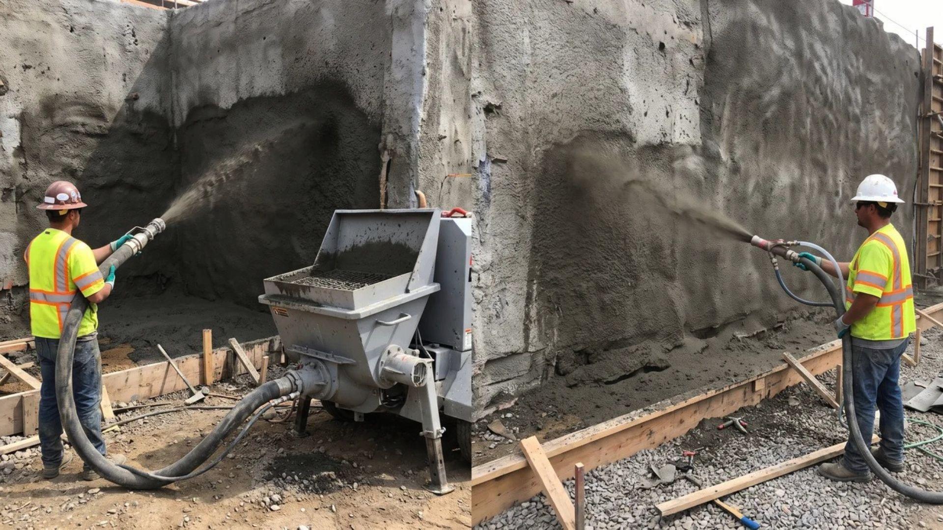Workers applying wet-mix and dry-mix shotcrete with separate hoses and spray nozzles.