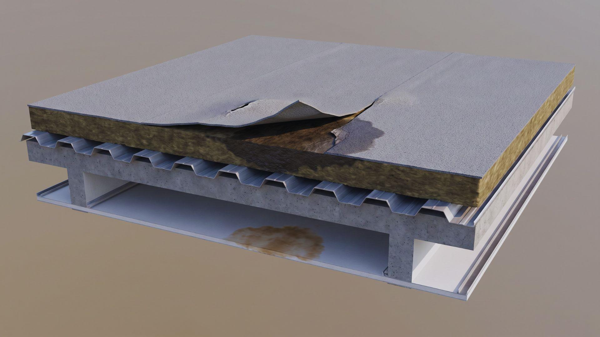 Roof cutaway showing a damaged membrane, wet insulation, roof decking, and a ceiling stain.