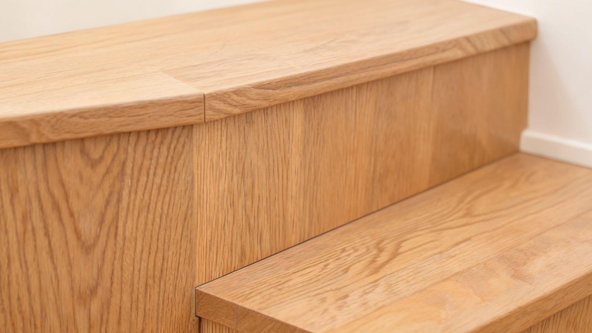 Vertical wooden riser board connecting two horizontal staircase treads