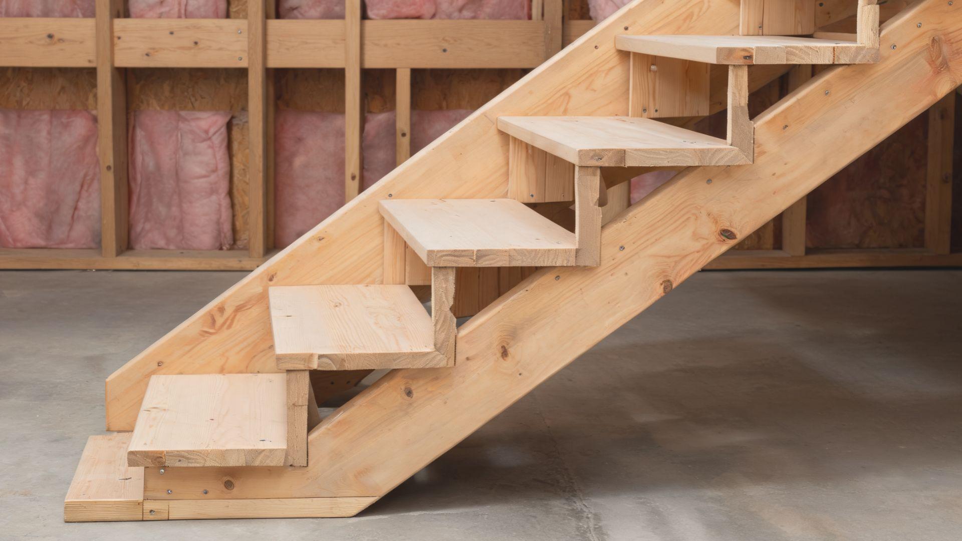 Angled wooden staircase stringer with notches supporting the treads and risers